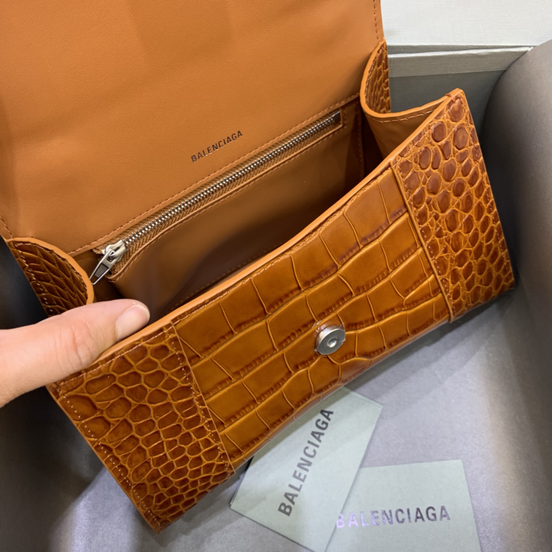 Balenciaga Hourglass XS Handbag Crocodile Embossed Shoulder Bag Brown